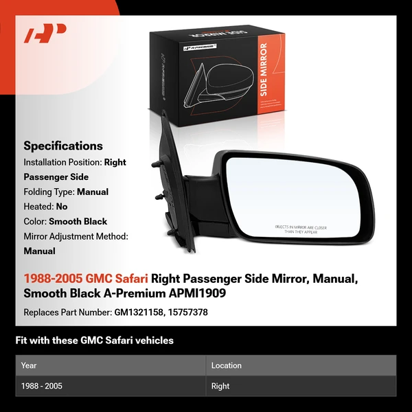 1988-2005 GMC Safari Right Passenger Side Mirror, Manual, Smooth Black A-Premium APMI1909