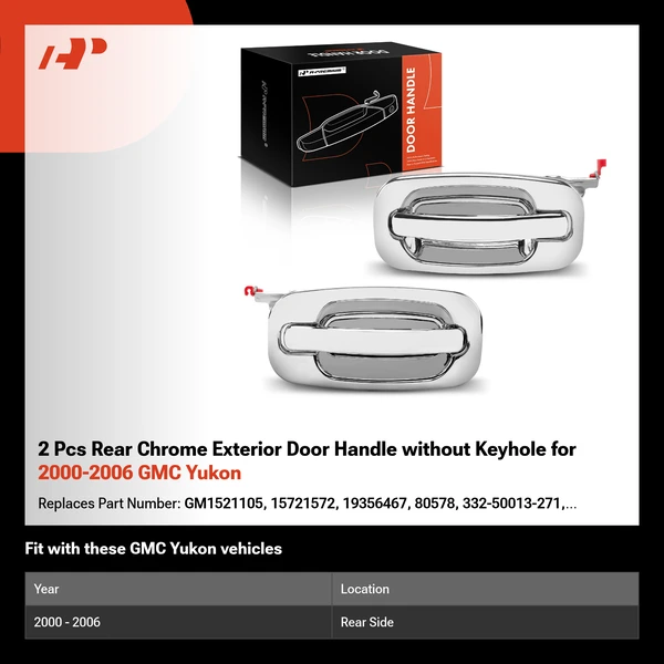 2 Pcs Rear Chrome Exterior Door Handle without Keyhole for 2000-2006 GMC Yukon