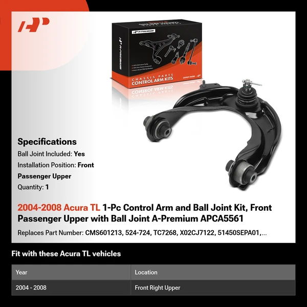 2004-2008 Acura TL 1-Pc Control Arm and Ball Joint Kit, Front Passenger Upper with Ball Joint A-Premium APCA5561