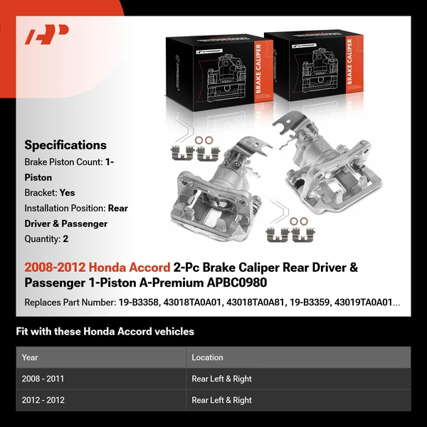 2008-2012 Honda Accord 2-Pc Brake Caliper Rear Driver & Passenger 1-Piston A-Premium APBC0980
