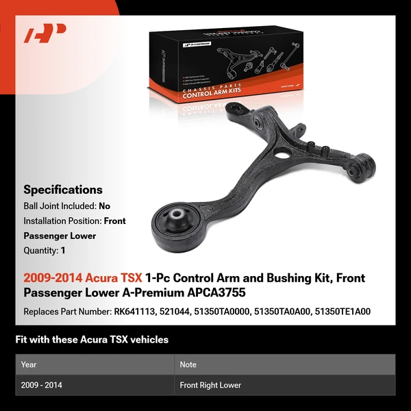 2009-2014 Acura TSX 1-Pc Control Arm and Bushing Kit, Front Passenger Lower A-Premium APCA3755