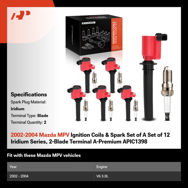 2002-2004 Mazda MPV Ignition Coils & Spark Set of A Set of 12 Iridium Series, 2-Blade Terminal A-Premium APIC1398