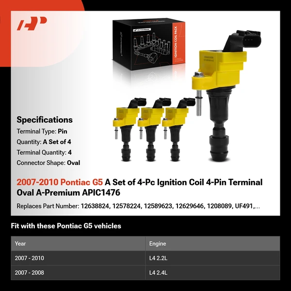 2007-2010 Pontiac G5 A Set of 4-Pc Ignition Coil 4-Pin Terminal Oval A-Premium APIC1476
