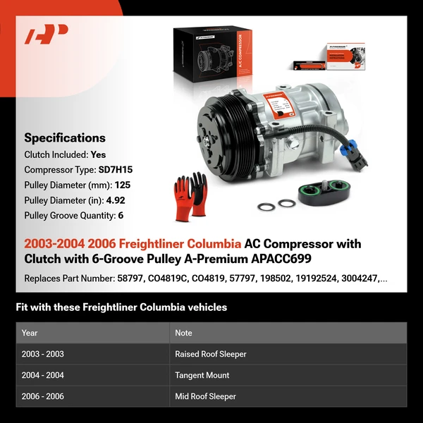 2003-2004 2006 Freightliner Columbia AC Compressor with Clutch with 6-Groove Pulley A-Premium APACC699