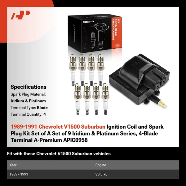 1989-1991 Chevrolet V1500 Suburban Ignition Coil and Spark Plug Kit Set of A Set of 9 Iridium & Platinum Series, 4-Blade Terminal A-Premium APIC0958