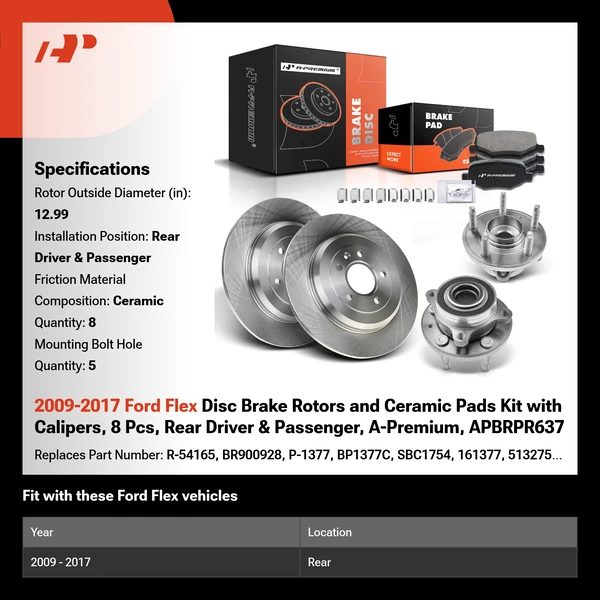 2009-2017 Ford Flex Disc Brake Rotors and Ceramic Pads Kit with Calipers, 8 Pcs, Rear Driver & Passenger, A-Premium, APBRPR637