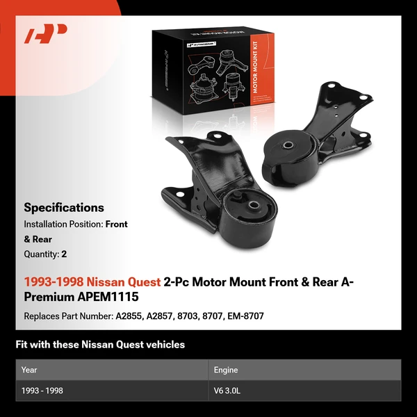 1993-1998 Nissan Quest 2-Pc Motor Mount Front & Rear A-Premium APEM1115