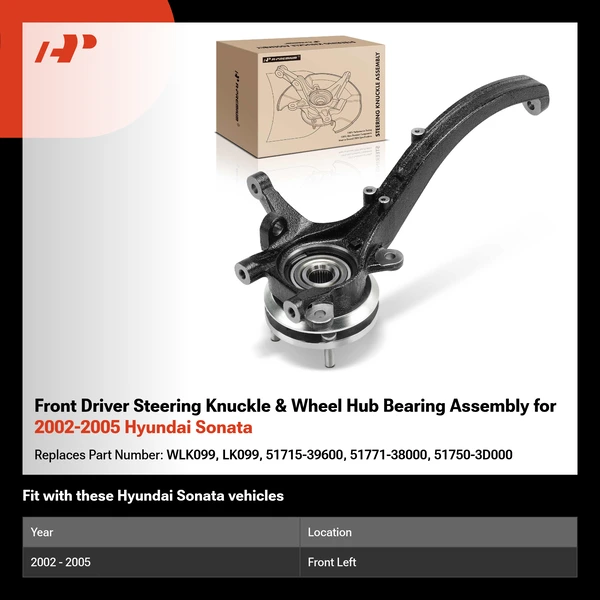 Front Driver Steering Knuckle & Wheel Hub Bearing Assembly for 2002-2005 Hyundai Sonata