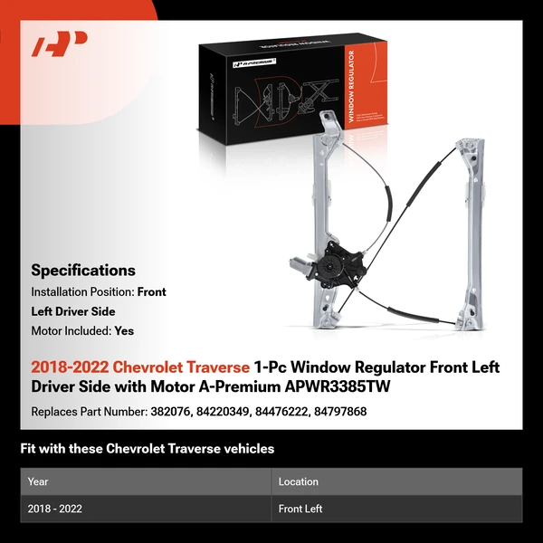 2018-2022 Chevrolet Traverse 1-Pc Window Regulator Front Left Driver Side with Motor A-Premium APWR3385TW