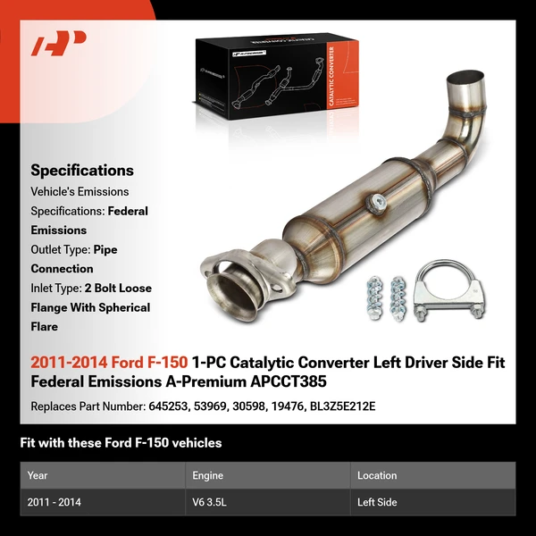 2011-2014 Ford F-150 1-PC Catalytic Converter Left Driver Side Fit Federal Emissions A-Premium APCCT385