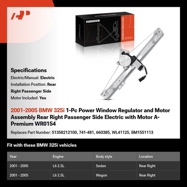 2001-2005 BMW 325i 1-Pc Power Window Regulator and Motor Assembly Rear Right Passenger Side Electric with Motor A-Premium WR0154