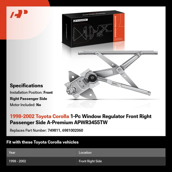 1998-2002 Toyota Corolla 1-Pc Window Regulator Front Right Passenger Side A-Premium APWR3455TW