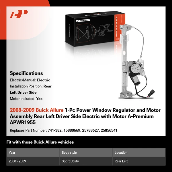 2008-2009 Buick Allure 1-Pc Power Window Regulator and Motor Assembly Rear Left Driver Side Electric with Motor A-Premium APWR1955