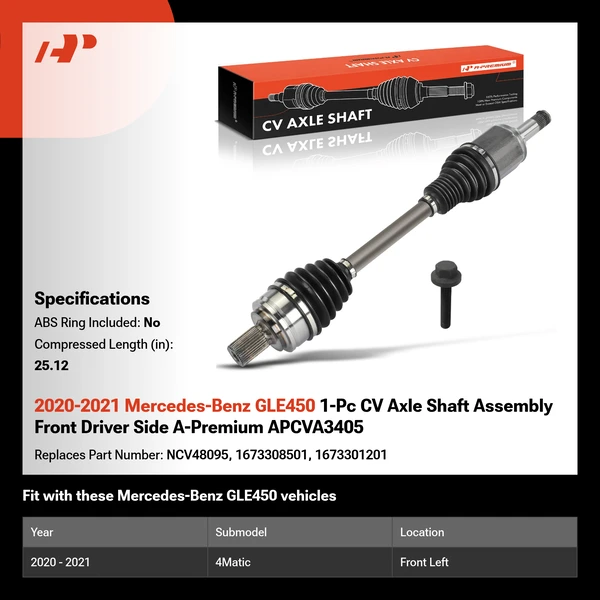 2020-2021 Mercedes-Benz GLE450 1-Pc CV Axle Shaft Assembly Front Driver Side A-Premium APCVA3405