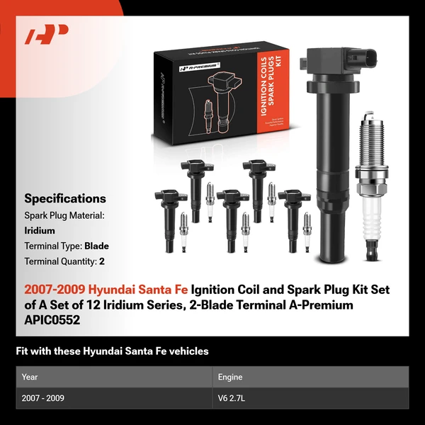 2007-2009 Hyundai Santa Fe Ignition Coil and Spark Plug Kit Set of A Set of 12 Iridium Series, 2-Blade Terminal A-Premium APIC0552