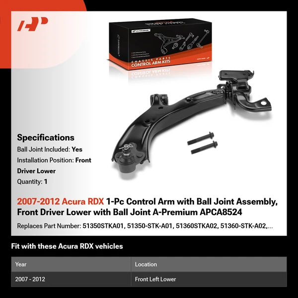 2007-2012 Acura RDX 1-Pc Control Arm with Ball Joint Assembly, Front Driver Lower with Ball Joint A-Premium APCA8524