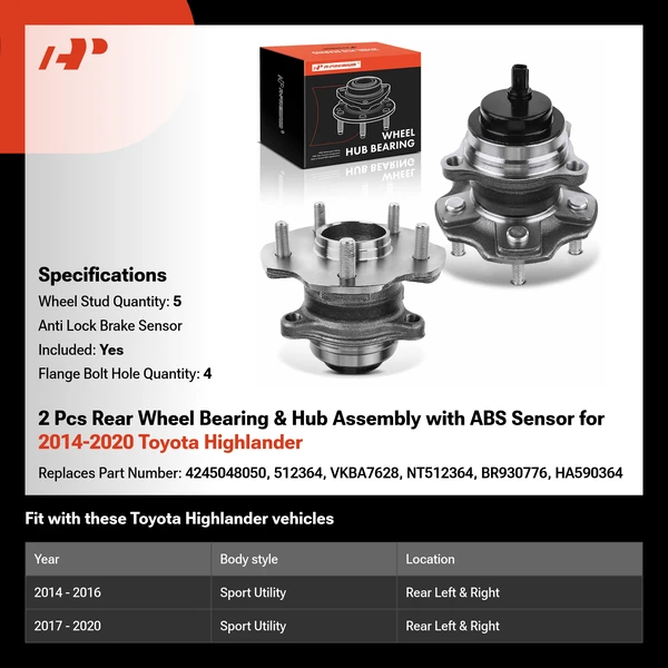 2 Pcs Rear Wheel Bearing & Hub Assembly with ABS Sensor for 2014-2020 Toyota Highlander
