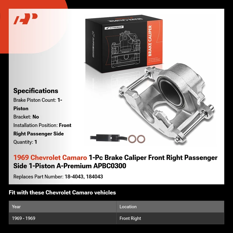 1969 Chevrolet Camaro 1-Pc Brake Caliper Front Right Passenger Side 1-Piston A-Premium APBC0300