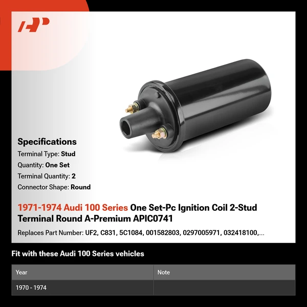 1971-1974 Audi 100 Series One Set-Pc Ignition Coil 2-Stud Terminal Round A-Premium APIC0741