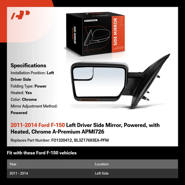 2011-2014 Ford F-150 Left Driver Side Mirror, Powered, with Heated, Chrome A-Premium APMI726