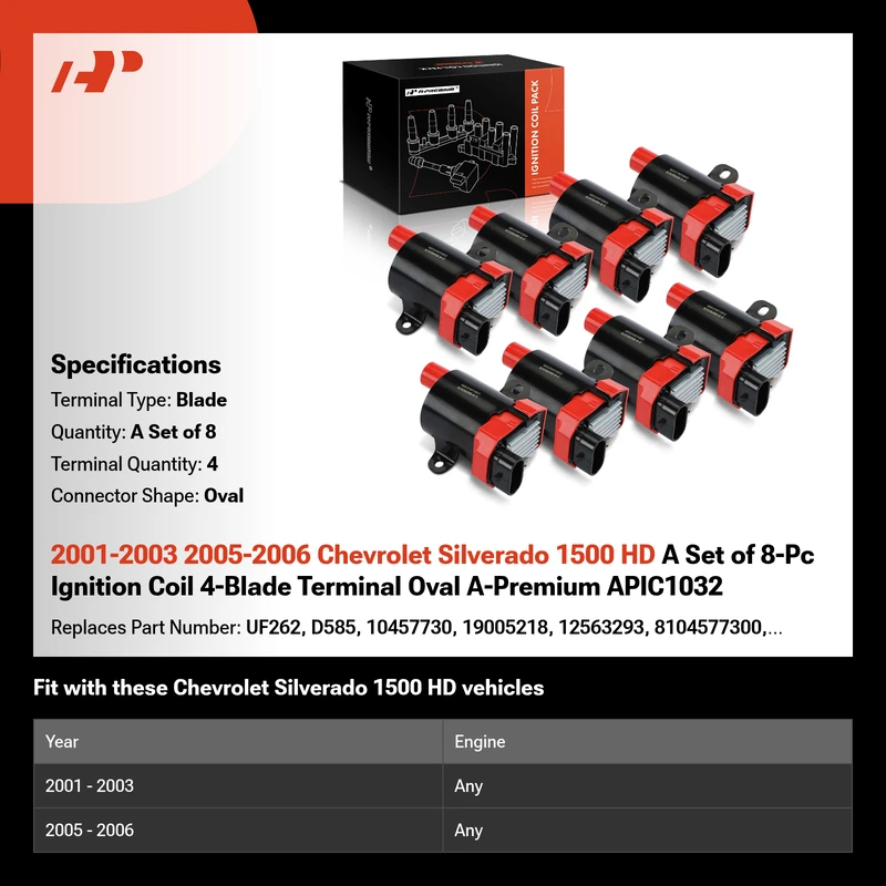2001-2003 2005-2006 Chevrolet Silverado 1500 HD A Set of 8-Pc Ignition Coil 4-Blade Terminal Oval A-Premium APIC1032