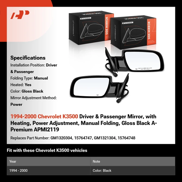 1994-2000 Chevrolet K3500 Driver & Passenger Mirror, with Heating, Power Adjustment, Manual Folding, Gloss Black A-Premium APMI2119