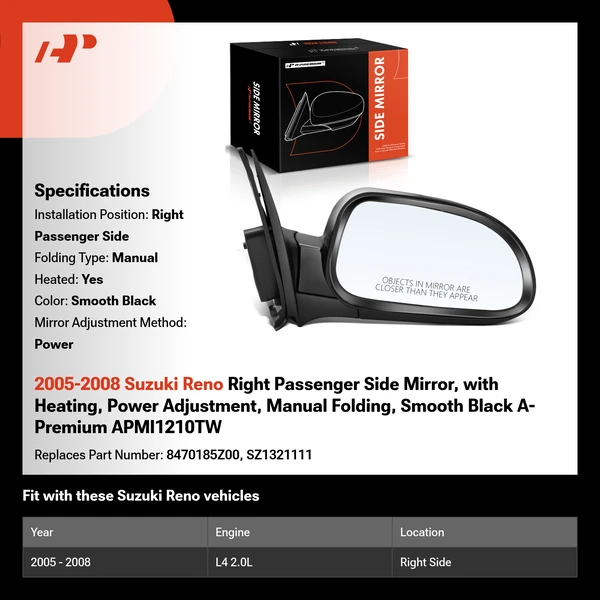 2005-2008 Suzuki Reno Right Passenger Side Mirror, with Heating, Power Adjustment, Manual Folding, Smooth Black A-Premium APMI1210TW