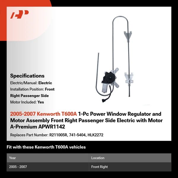 2005-2007 Kenworth T600A 1-Pc Power Window Regulator and Motor Assembly Front Right Passenger Side Electric with Motor A-Premium APWR1142