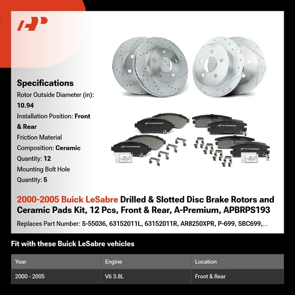 2000-2005 Buick LeSabre Drilled & Slotted Disc Brake Rotors and Ceramic Pads Kit, 12 Pcs, Front & Rear, A-Premium, APBRPS193