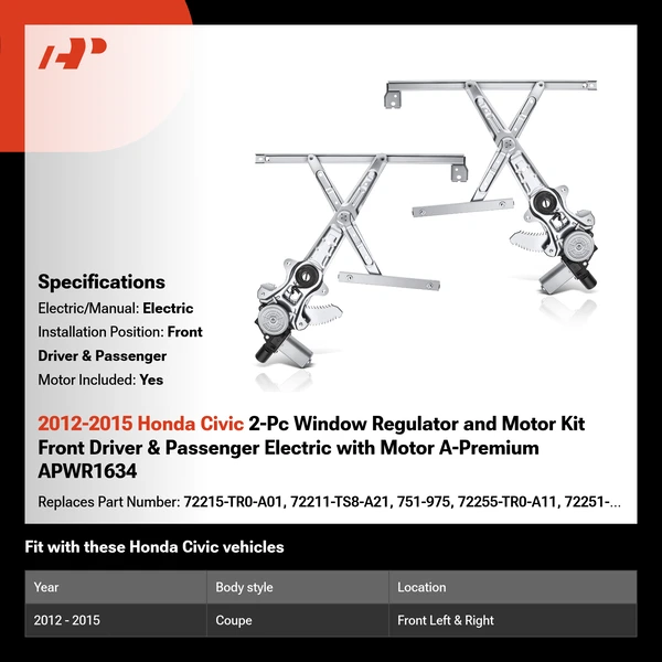 2012-2015 Honda Civic 2-Pc Window Regulator and Motor Kit Front Driver & Passenger Electric with Motor A-Premium APWR1634