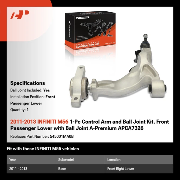 2011-2013 INFINITI M56 1-Pc Control Arm and Ball Joint Kit, Front Passenger Lower with Ball Joint A-Premium APCA7326