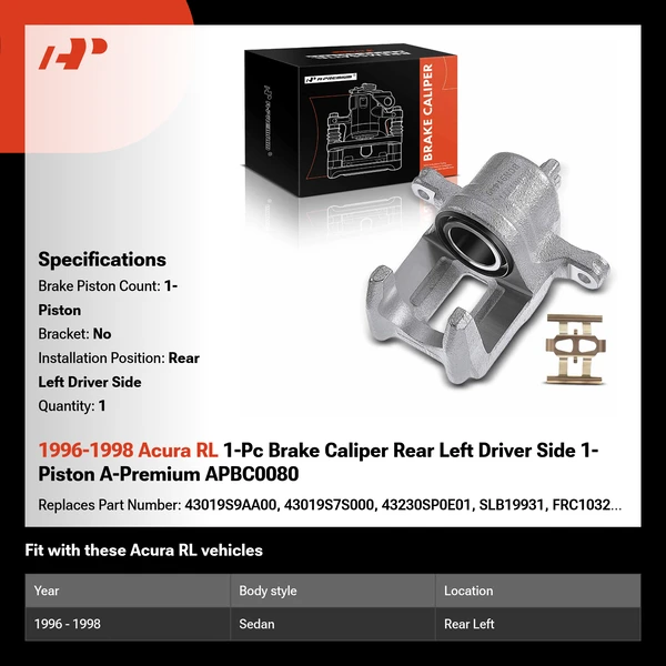 1996-1998 Acura RL 1-Pc Brake Caliper Rear Left Driver Side 1-Piston A-Premium APBC0080