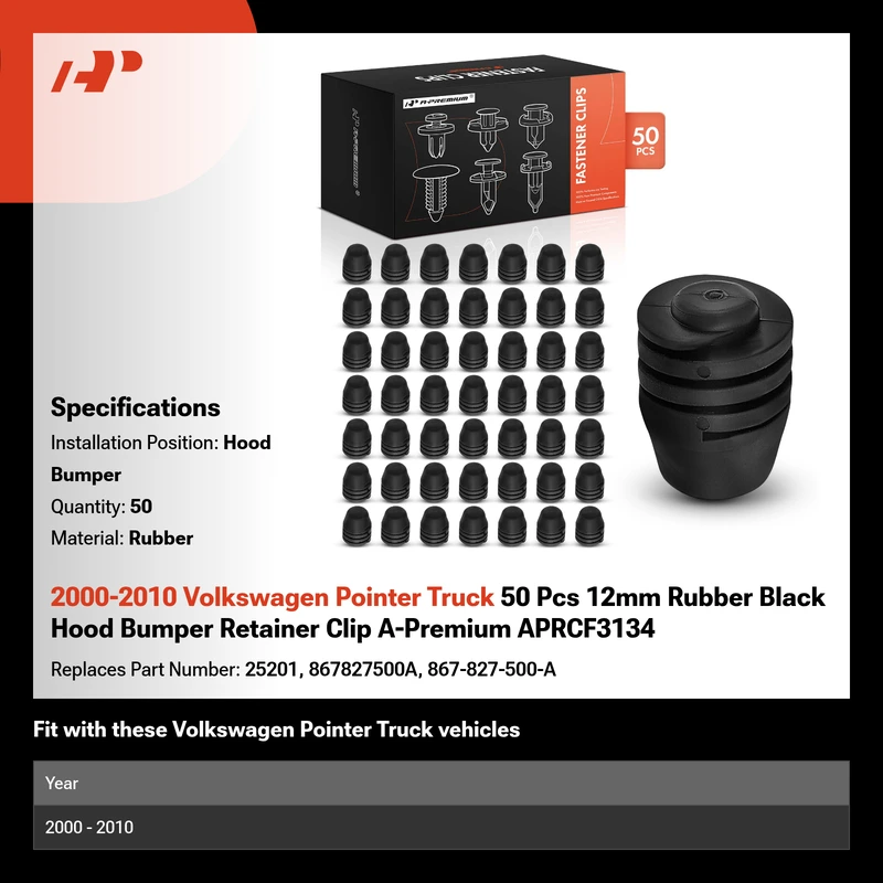 2000-2010 Volkswagen Pointer Truck 50 Pcs 12mm Rubber Black Hood Bumper Retainer Clip A-Premium APRCF3134
