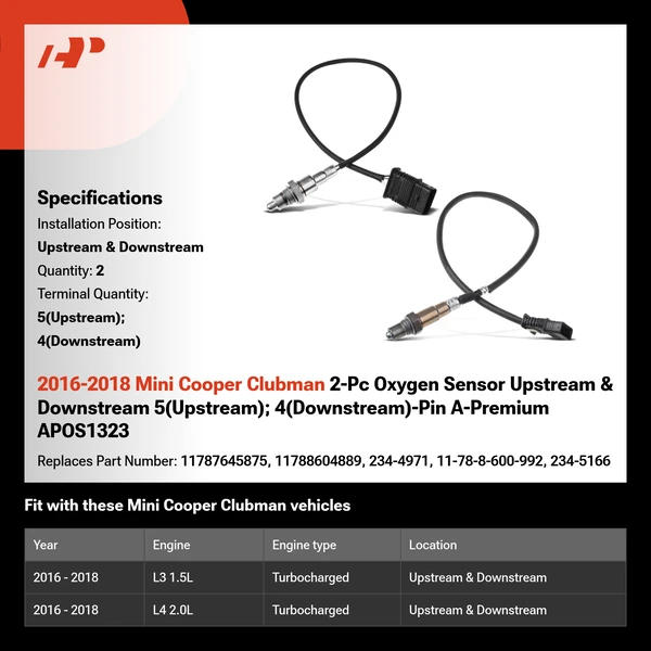 2016-2018 Mini Cooper Clubman 2-Pc Oxygen Sensor Upstream & Downstream 5(Upstream); 4(Downstream)-Pin A-Premium APOS1323
