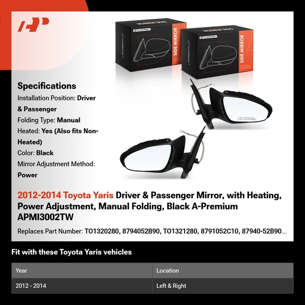 2012-2014 Toyota Yaris Driver & Passenger Mirror, with Heating, Power Adjustment, Manual Folding, Black A-Premium APMI3002TW