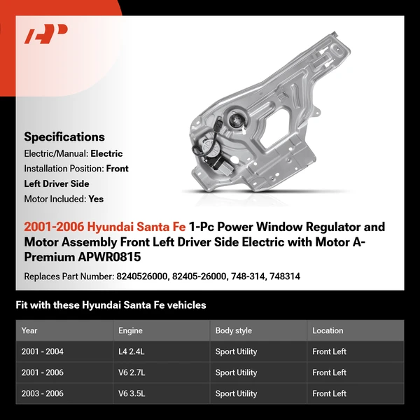 2001-2006 Hyundai Santa Fe 1-Pc Power Window Regulator and Motor Assembly Front Left Driver Side Electric with Motor A-Premium APWR0815