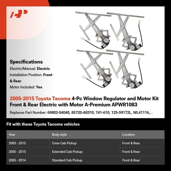 2005-2015 Toyota Tacoma 4-Pc Window Regulator and Motor Kit Front & Rear Electric with Motor A-Premium APWR1083