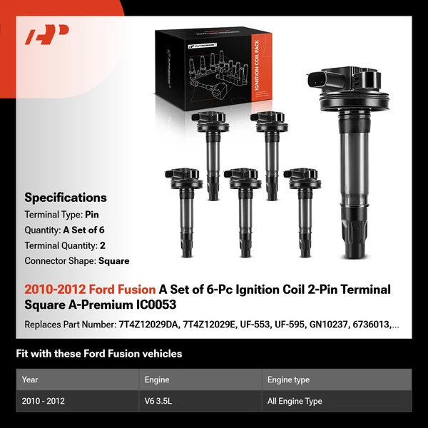 2010-2012 Ford Fusion A Set of 6-Pc Ignition Coil 2-Pin Terminal Square A-Premium IC0053