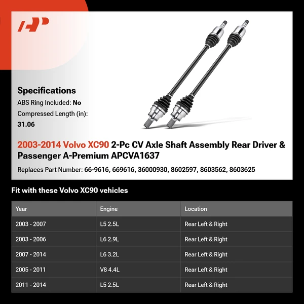 2003-2014 Volvo XC90 2-Pc CV Axle Shaft Assembly Rear Driver & Passenger A-Premium APCVA1637