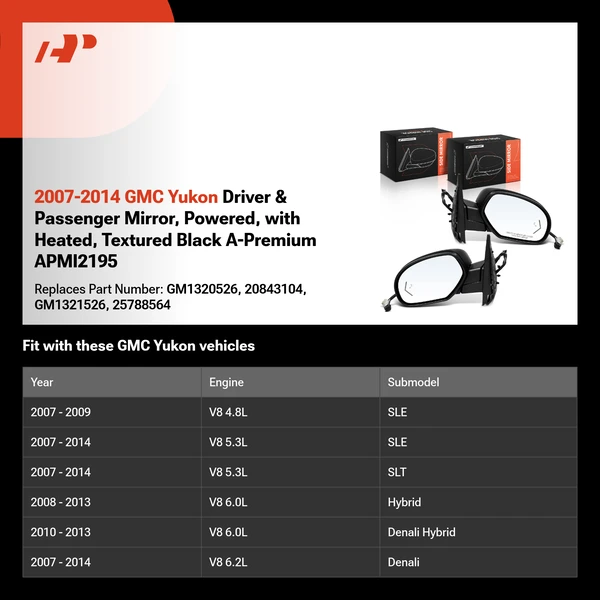 2007-2014 GMC Yukon Driver & Passenger Mirror, Powered, with Heated, Textured Black A-Premium APMI2195