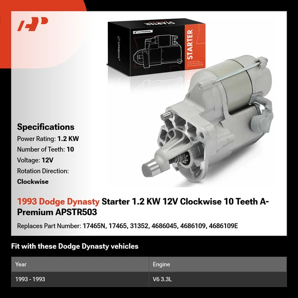 1993 Dodge Dynasty Starter 1.2 KW 12V Clockwise 10 Teeth A-Premium APSTR503