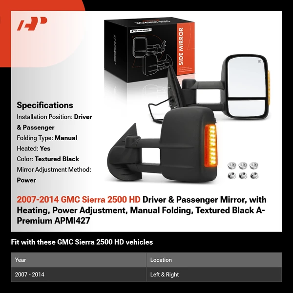 2007-2014 GMC Sierra 2500 HD Driver & Passenger Mirror, with Heating, Power Adjustment, Manual Folding, Textured Black A-Premium APMI427