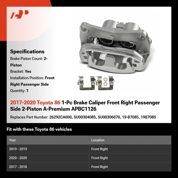 2017-2020 Toyota 86 1-Pc Brake Caliper Front Right Passenger Side 2-Piston A-Premium APBC1126