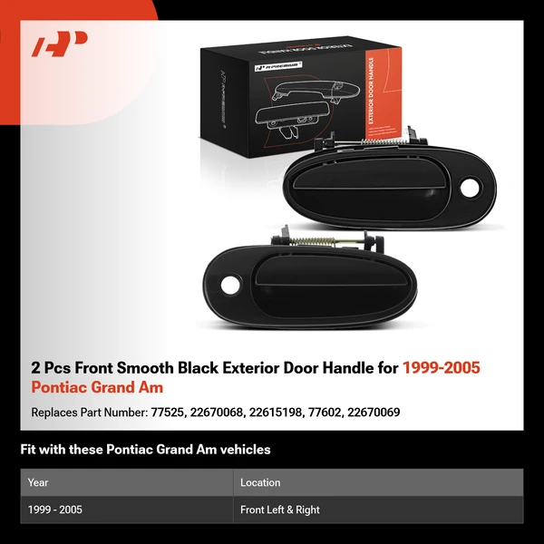 2 Pcs Front Smooth Black Exterior Door Handle for 1999-2005 Pontiac Grand Am