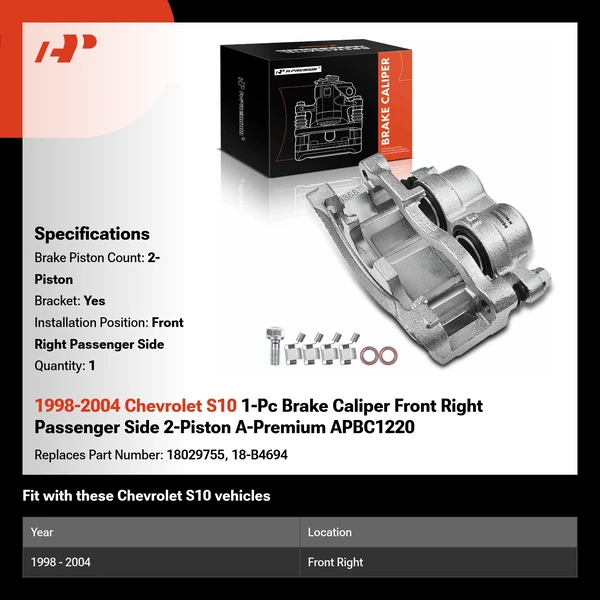 1998-2004 Chevrolet S10 1-Pc Brake Caliper Front Right Passenger Side 2-Piston A-Premium APBC1220