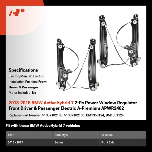 2013-2015 BMW ActiveHybrid 7 2-Pc Power Window Regulator Front Driver & Passenger Electric A-Premium APWR2482