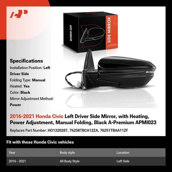2016-2021 Honda Civic Left Driver Side Mirror, with Heating, Power Adjustment, Manual Folding, Black A-Premium APMI023
