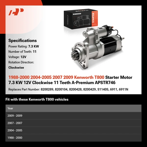 1988-2000 2004-2005 2007 2009 Kenworth T800 Starter Motor 7.3 KW 12V Clockwise 11 Teeth A-Premium APSTR746