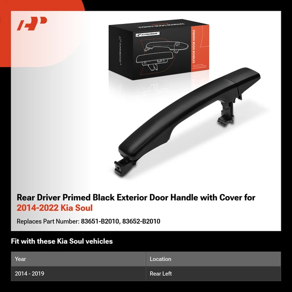 Rear Driver Primed Black Exterior Door Handle with Cover for 2014-2022 Kia Soul