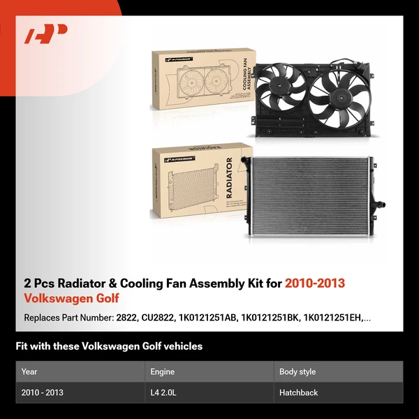 2 Pcs Radiator & Cooling Fan Assembly Kit for 2010-2013 Volkswagen Golf
